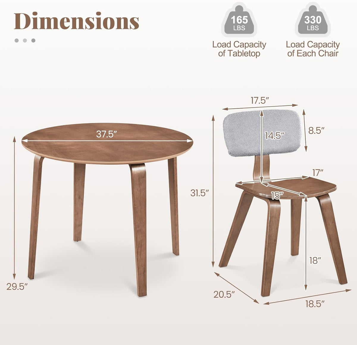 Giantex 37.5" Round Dining Table Set for 4, Rubber Wood Kitchen Table and Chairs with Padded Back, 5 Piece Space Saving Dinner Table Set for Small Apartment, Living Dining Room