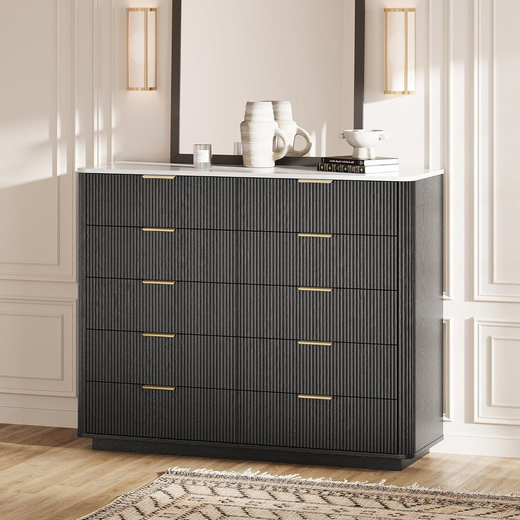 Fluted 10 Drawers Dresser for Bedroom, 47'' Wide Modern Chest of Drawers with Thickened Curved Profile Design, Wood Dressers TV Stand for Bedroom, Living Room, Hallway,Black