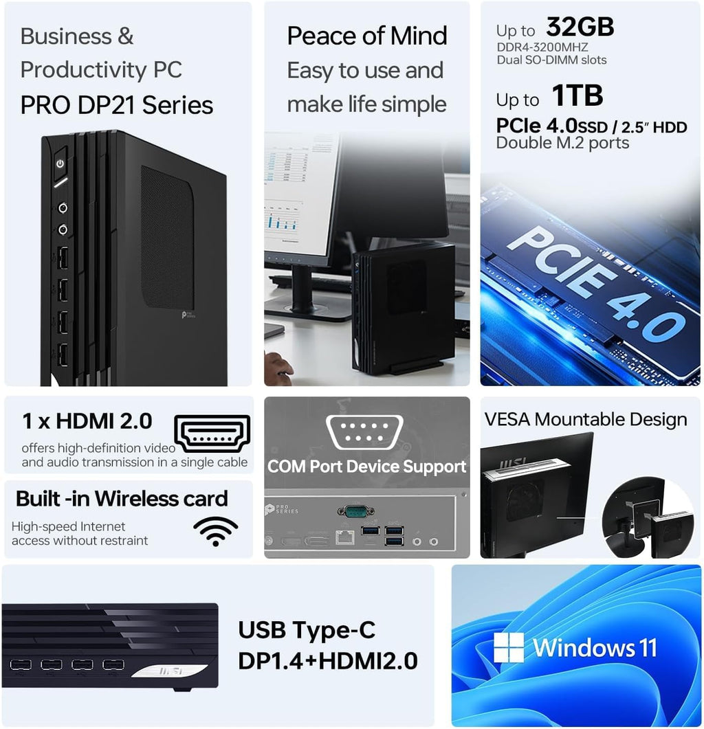 msi PRO DP21 Mini Desktop Computer | 13th Gen Intel 4-Core Processor | 32GB RAM | 1TB SSD | 2-Monitor Support 4K | HDMI | RJ-45 | Wi-Fi | Wired Keyboard & Mouse | Windows 11 Pro | Black