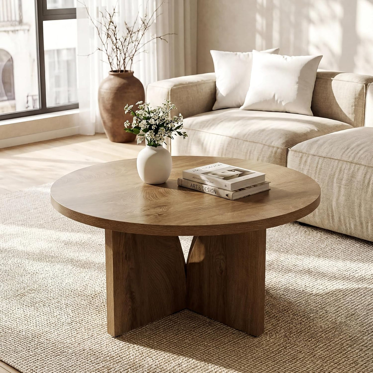 LITTLE TREE Round Coffee Table, 31.5-Inches Circle Center Table for Living Room, Modern Wooden Coffee Table for Small Space, Easy to Assemble, for Home Office, Small Space, Brown