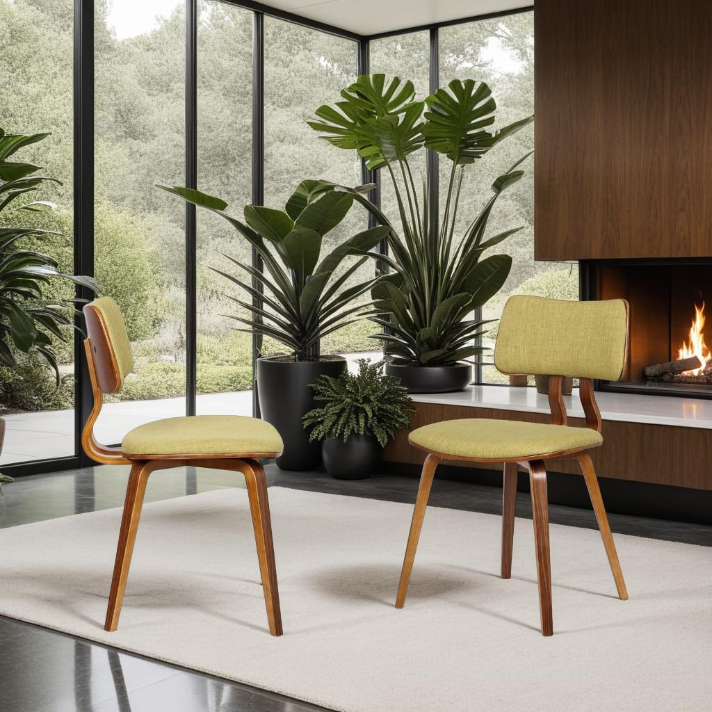 Armen Living Jaguar Mid-Century Dining Chair in Walnut Wood and Green Fabric