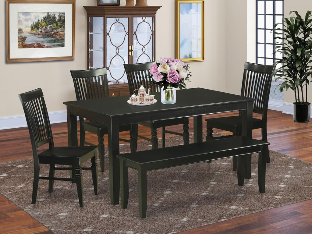 East West Furniture DUWE6-BLK-W 6 Piece Dining Set Contains a Rectangle Dining Room Table and 4 Kitchen Chairs with a Bench, 36x60 Inch, Black