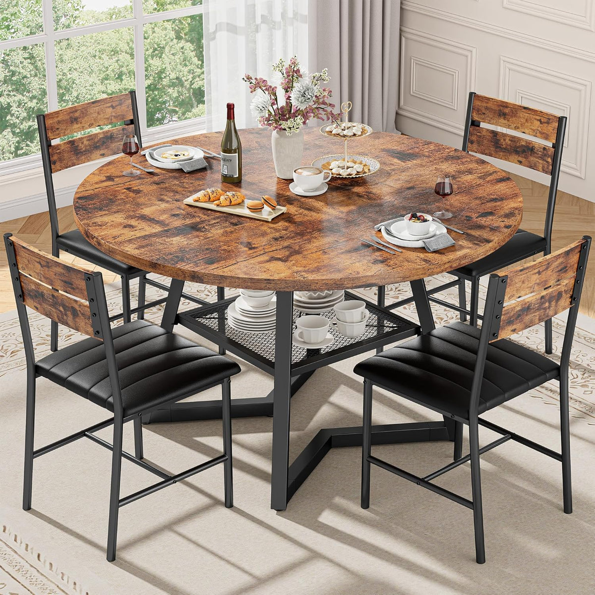 IRONCK Round Dining Table Set for 4, 47.2'' Kitchen Table with 4 PU Leather Upholstered Chairs, Dining Room Table Set with Large Storage Shelf, 5 Piece Kitchen Table and Chairs, Rustic Brown