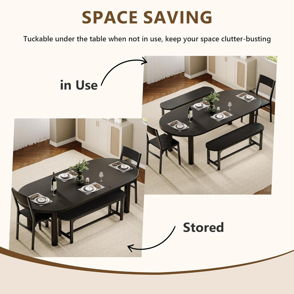 Feonase Dining Chairs and Benches Set of 4, Modern Dining Room Chairs with Ergonomic Backrest, Wood Structure & Metal Legs, for Kitchen, Dining Room, Space-Saving, Easy to Assemble & Clean, Black