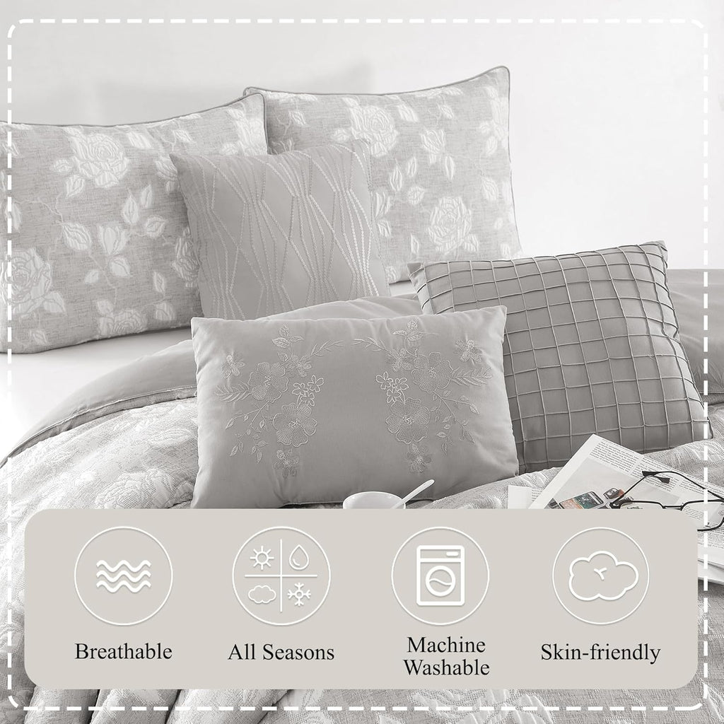 Stratford Park Elegant Grey Floral Comforter Set, 7 Piece Jacquard Bedding Set Queen, Waffle Weave Texture All Season Bedding Set, Matching Bed Skirt, Pillows & Shams