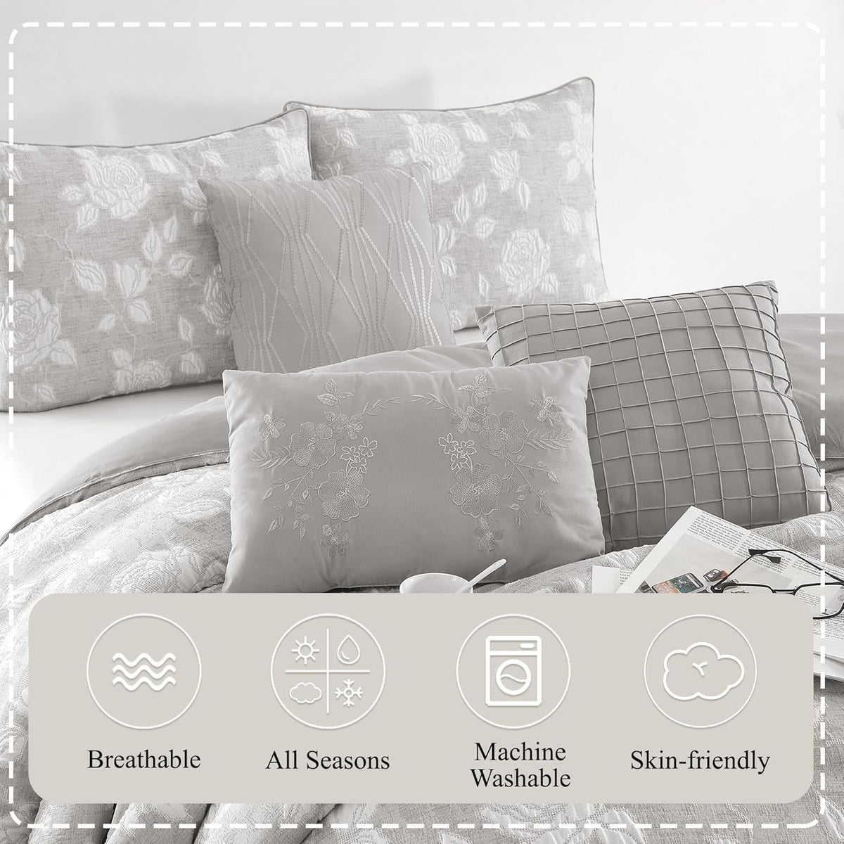 Stratford Park Elegant Grey Floral Comforter Set, 7 Piece Jacquard Bedding Set Queen, Waffle Weave Texture All Season Bedding Set, Matching Bed Skirt, Pillows & Shams
