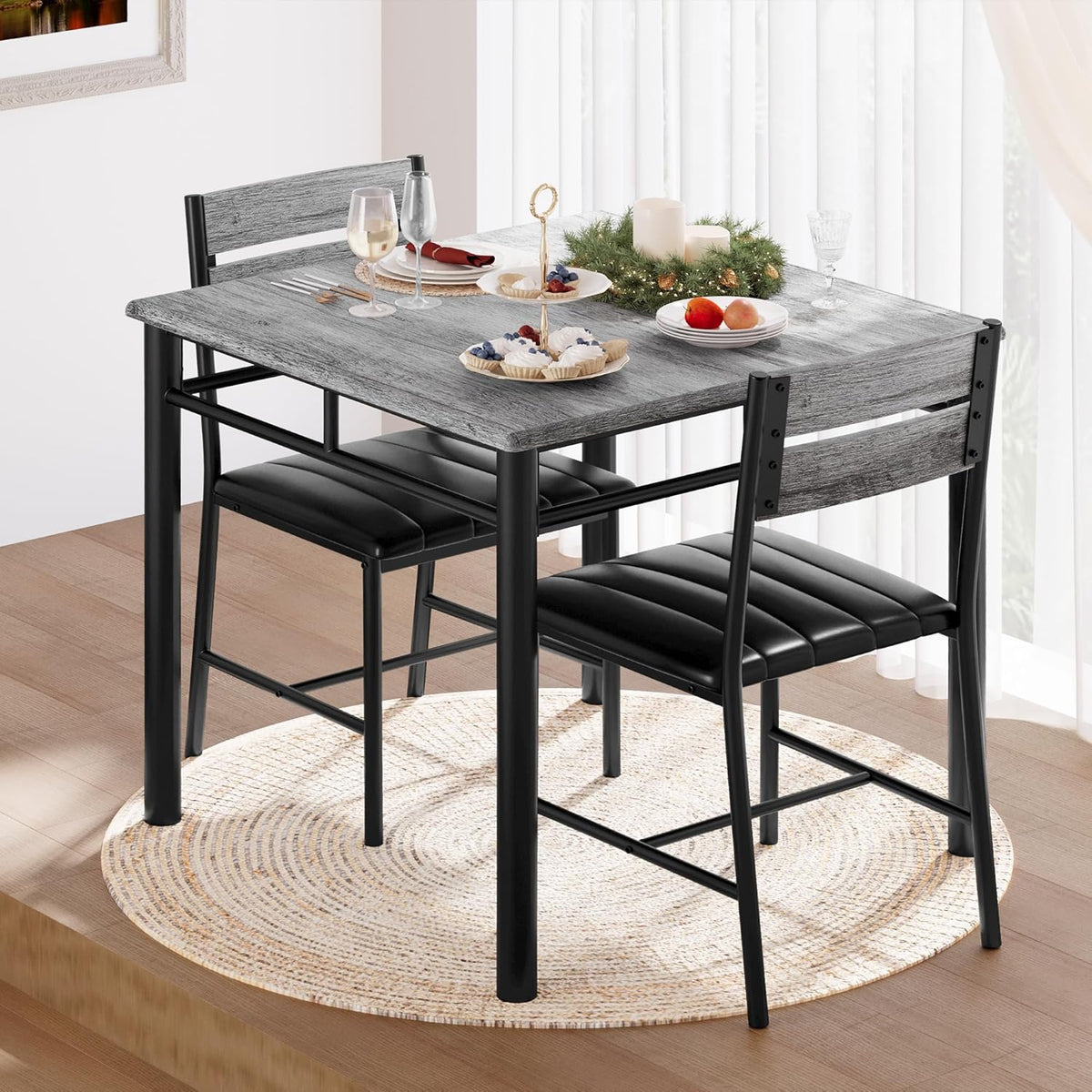 IRONCK Dining Table Set for 2, Small Kitchen Table with Upholstered Chairs for Kitchen & Dining Room, Compact Dining Set for Small Spaces, Gray