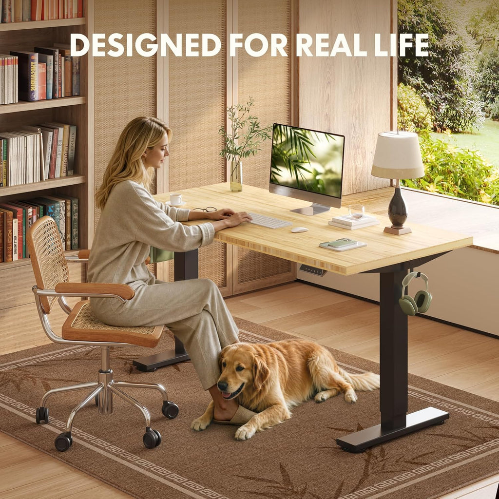 FLEXISPOT Solid Wood Standing Desk, One-Piece Real Wood Desktop, Electric Height Adjustable Desk for Home Office, 176 LBS Capacity (60"x30" Bamboo, Black Frame)
