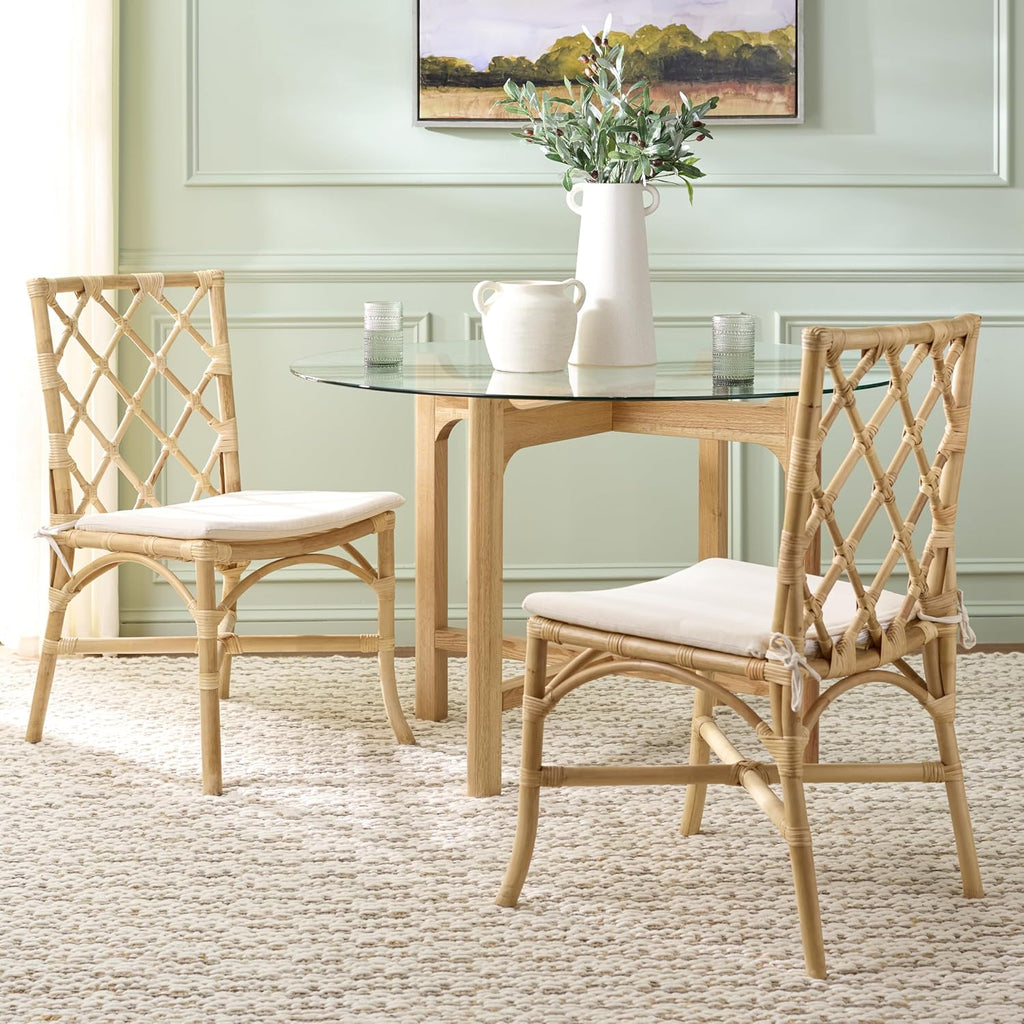 SAFAVIEH Home Collection - Haru Rattan Dining Chair Set of 2, Natural & Cream Upholstered Seat, Coastal Boho Accent Chair, Fully Assembled (SEA8039A)