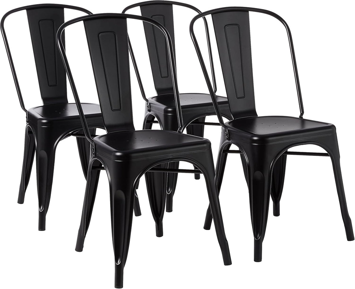 Amazon Basics Metal Dining Chairs, Easy to Assemble, Indoor/Outdoor, Stackable, Matte Black, 4-Pack