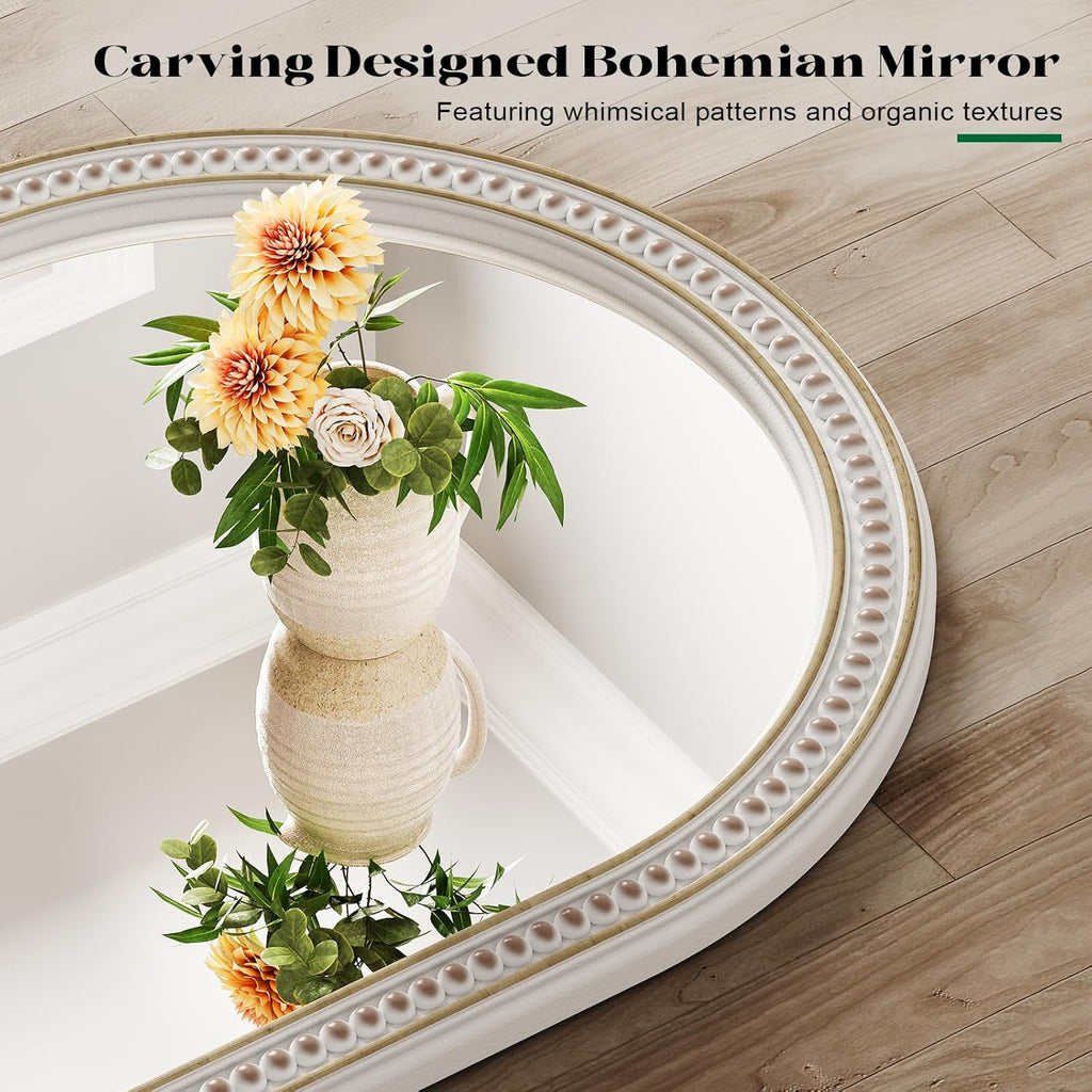 Boho Mirror for Wall, 36" x 30" Farmhouse Arched Rustic Wooden Frame Mirror with Beaded, Arch Decorative Wall Mirrors for Bathroom, Vanity, Living Room, Entryway
