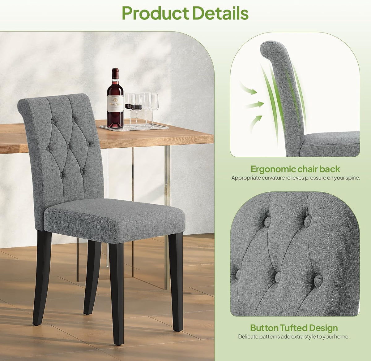 Welzona Upholstered Dining Chairs Set of 4, Button Tufted Parsons Dining Chair with Solid Wood Legs, Modern Fabric Side Chair for Dining Room/Kitchen/Restaurant/Hotel- Grey