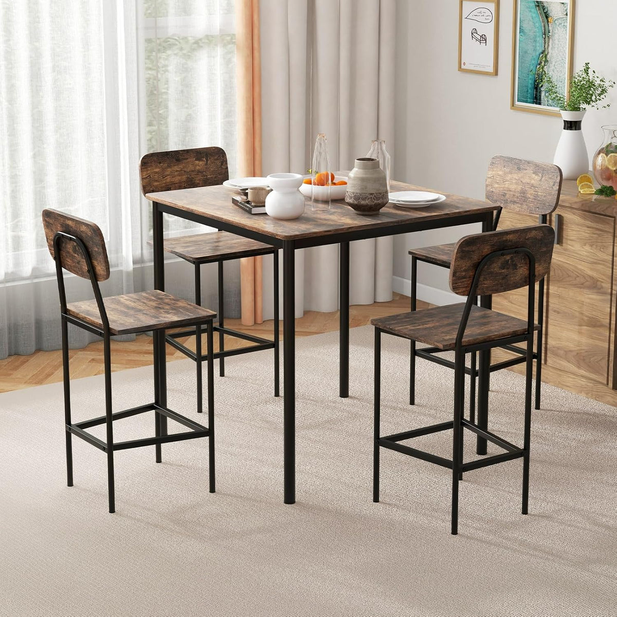 Giantex 5-Piece Dining Table Set W/Counter Height Table & 4 Bar Stools, Industrial Kitchen Dining Set W/Footrest & Backrest, Space-Saving Dinette Set for Pub, Dining Room, Restaurant (Mix Brown)