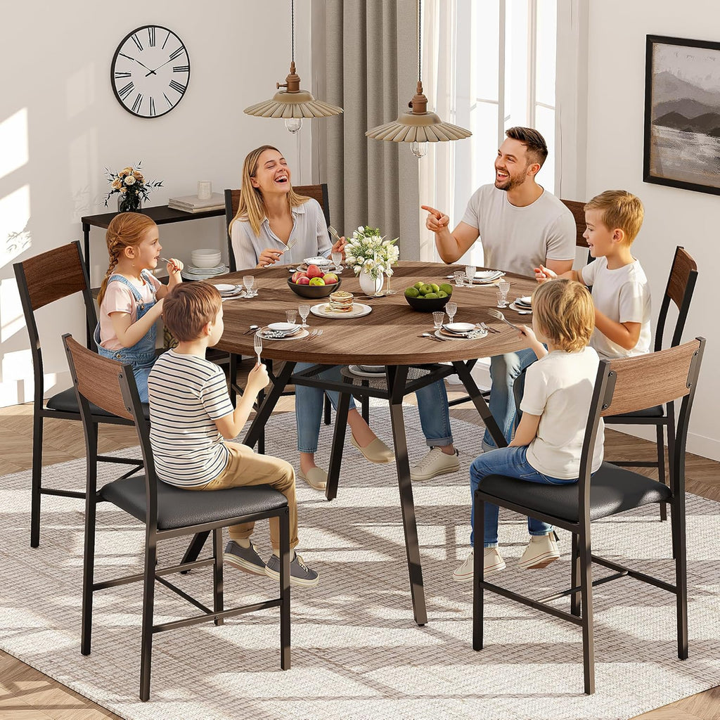 Pamapic 47'' Round Dining Table Set for 6, Kitchen Table and Chairs for 6, Dining Room Circle Dinner Pedestal Table, Solid Metal Frame,Space Saving Wood Small Kitchen & Dining Room Furniture,Walnut