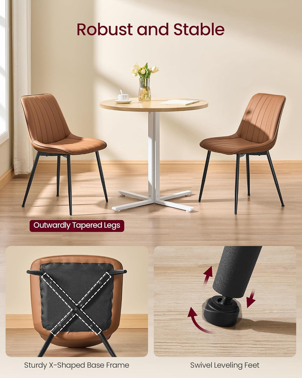 VASAGLE Dining Chairs Set of 6, Upholstered Kitchen Chairs, Synthetic Leather, Max. Load 264 lb, Steel Legs, Curved Backrest, for Dining Room, Caramel Brown and Ink Black ULDC090KN03-3J