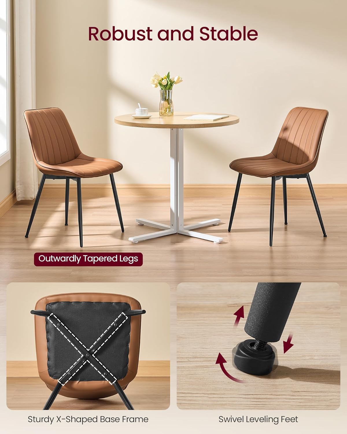 VASAGLE Dining Chairs Set of 6, Upholstered Kitchen Chairs, Synthetic Leather, Max. Load 264 lb, Steel Legs, Curved Backrest, for Dining Room, Caramel Brown and Ink Black ULDC090KN03-3J