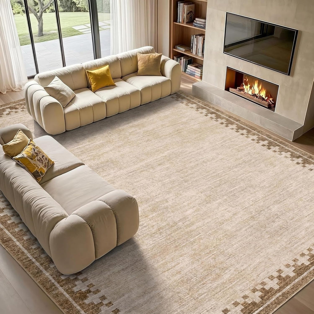 GarveeHome Cross Bordered Large Area Rug 9x12 Machine Washable Non Slip Low Pile Dining Room Carpet Geometric Stain Resistant Living Room Bedroom Home Office Rug, Beige