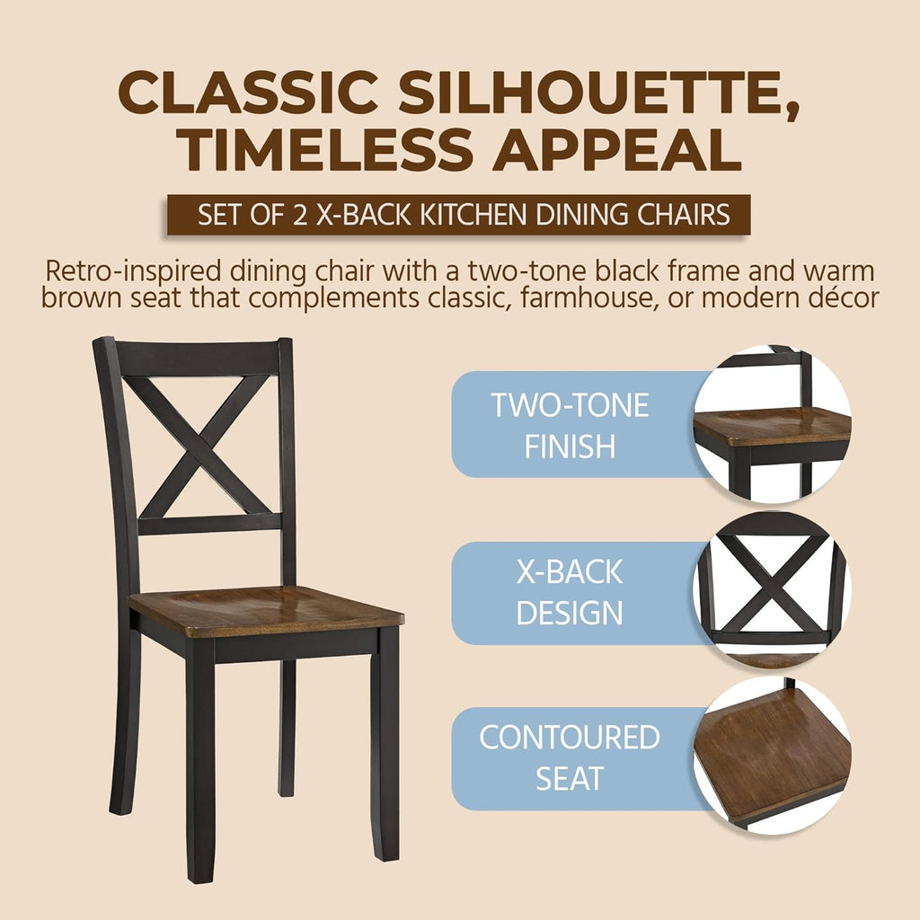 ROME + OAK X-Back Farmhouse Wooden Armless Dining Chairs in Black/Dark Brown, Set of 2 - Indoor Home Kitchen Seating Furniture