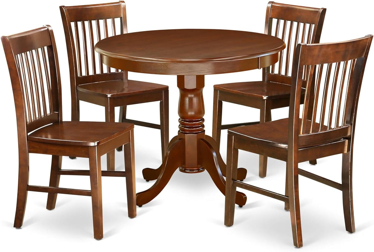 East West Furniture ANNO5-MAH-W 5 Piece Dining Set Includes a Round Dining Room Table with Pedestal and 4 Wood Seat Chairs, 36x36 Inch, Mahogany