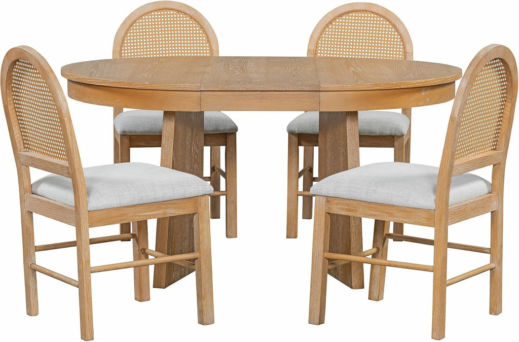 Harper & Bright Designs Farmhouse Wood Round Dining Table Set for 4, 5-Piece Extendable Kitchen Table with 4 Upholstered Chairs with Rattan Backrests for Dining Room and Kitchen (Natural Wood Wash)