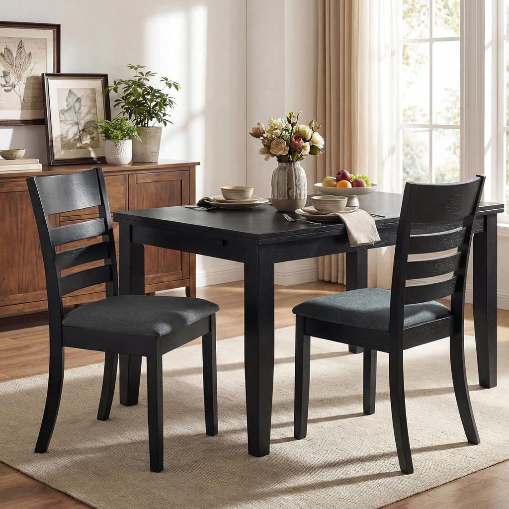 Giantex Wooden Dining Chairs Set of 4, Upholstered Black Kitchen Chair w/Rubber Wood Frame, Curved Slatted Backrest & Wide Padded Seat, Modern Dining Room Chairs for Living Room, Restaurant