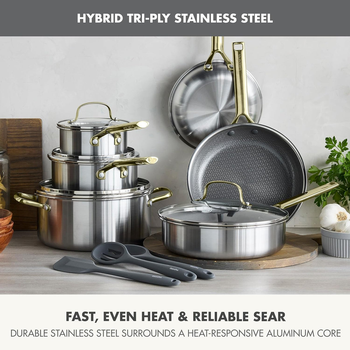 GreenPan Hybrid 13 Piece Nonstick Stainless Steel Cookware Set, APEX Tri-Ply Thermobond PFAS-Free Ceramic Pots & Pans, Induction & All Cooktop Compatible, Oven Temp to 850°F, Dishwasher Safe, Gold