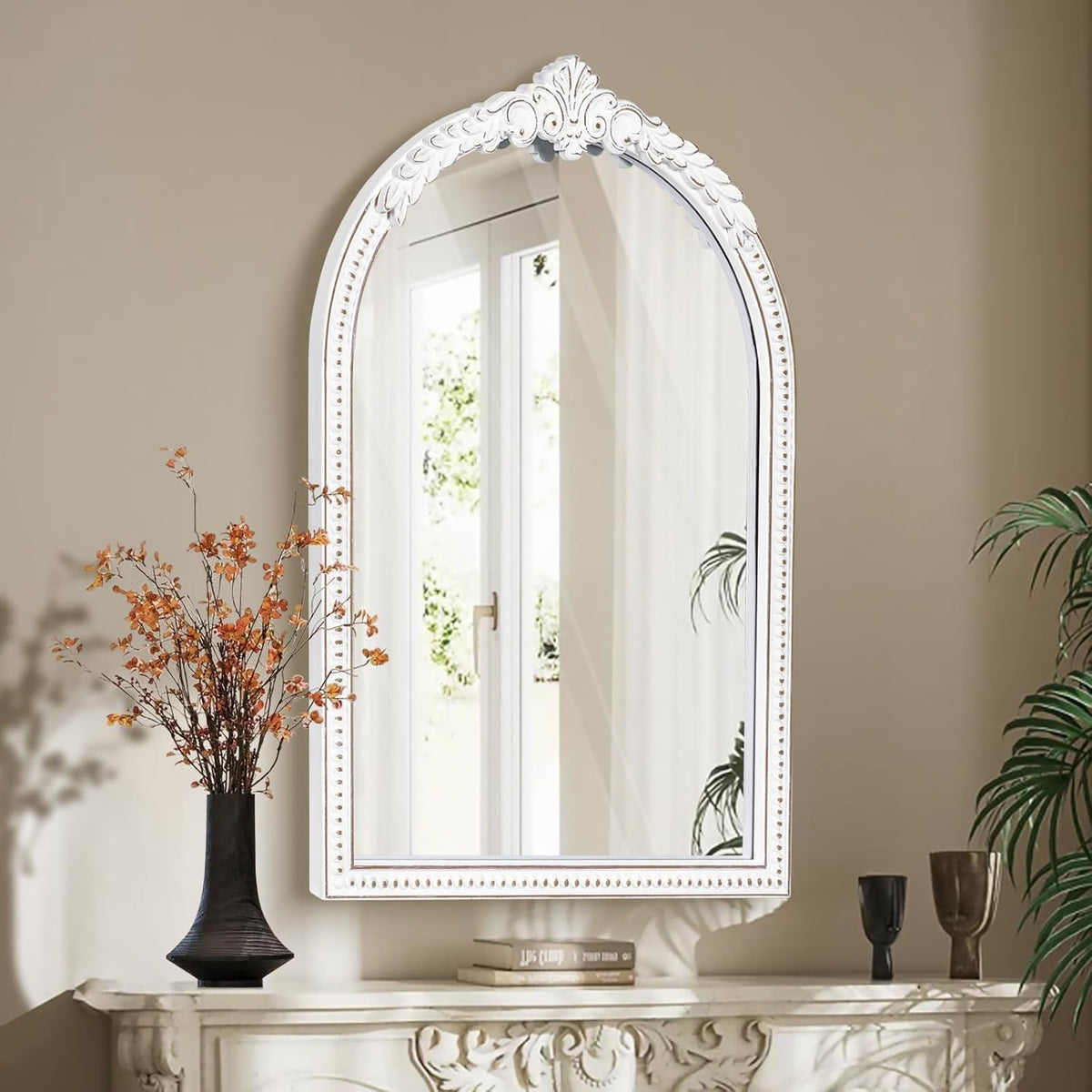 36x24 Inch Vintage Arch Wall Mirror, Antique White Baroque Ornate Wooden Mirror, Farmhouse Decorative Beaded Mirror for Over Fireplace Mantel, Living Room, Entryway, Bathroom
