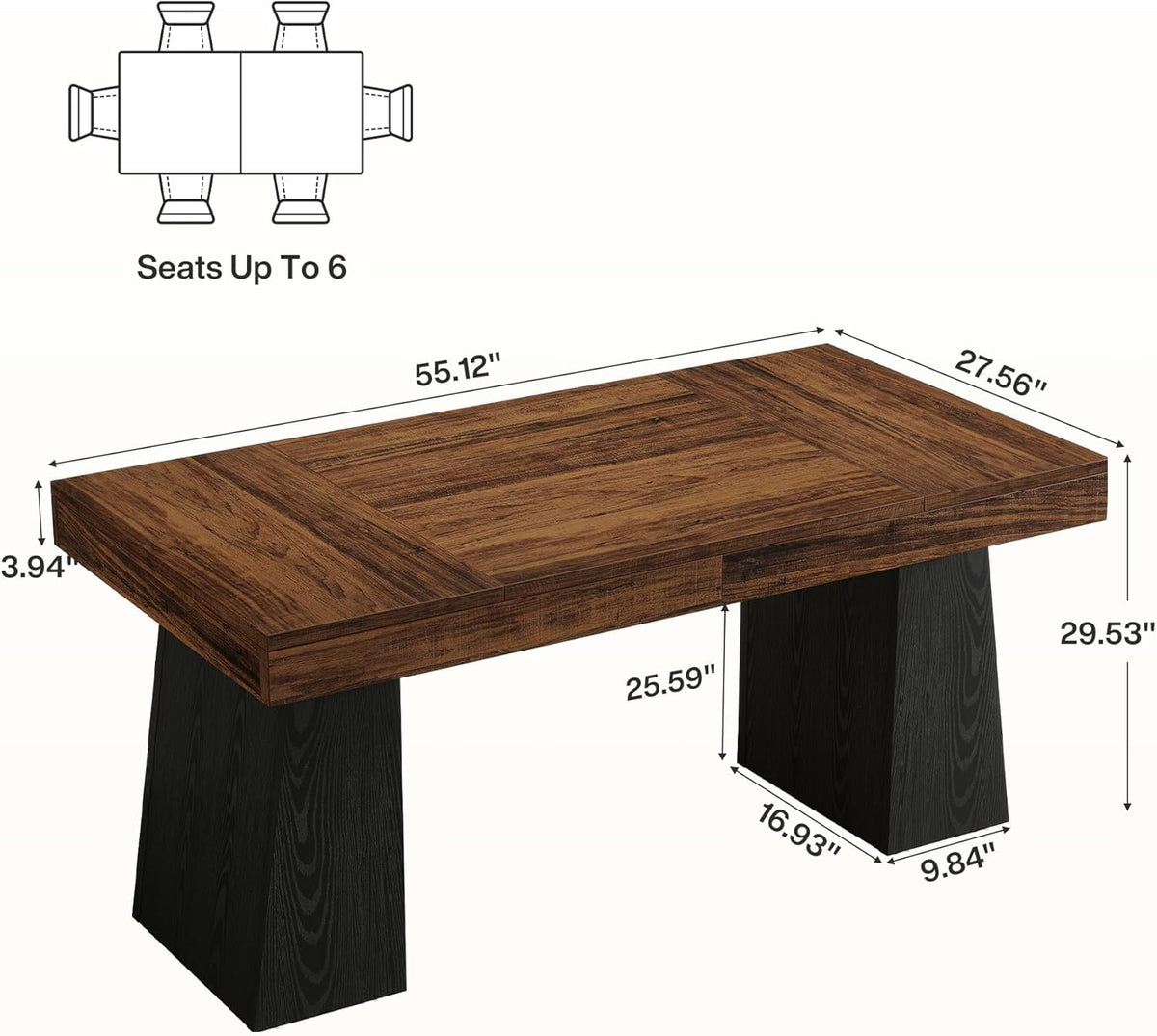 Tribesigns Two Tone Dining Table for 4-6 People, Rectangular Farmhouse Kitchen Dinner Table with Double Pedestal, Wood Dining Room Furniture for Home, Dining Room, Small Space, Brown & Black