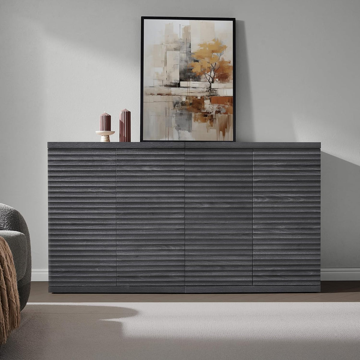 SICOTAS Buffet Cabinet with Storage Accent Sideboard Modern Credenza with Doors & Shelves Fluted Media Console Mid Century Coffee Bar Table for Living Room Kitchen Dining Room Hallway (1PCS)