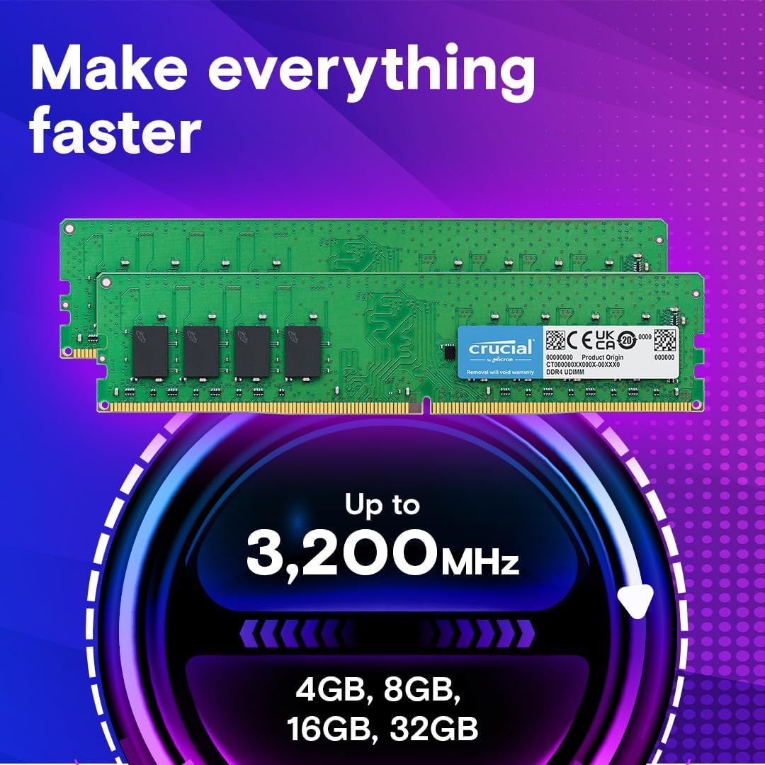 Crucial 32GB DDR4 RAM, 3200MHz (PC4-25600) CL22 Desktop Memory, UDIMM 288-Pin, Downclockable to 2933/2666MHz, Compatible with Intel and AMD Ryzen - CT16G4DFRA32A