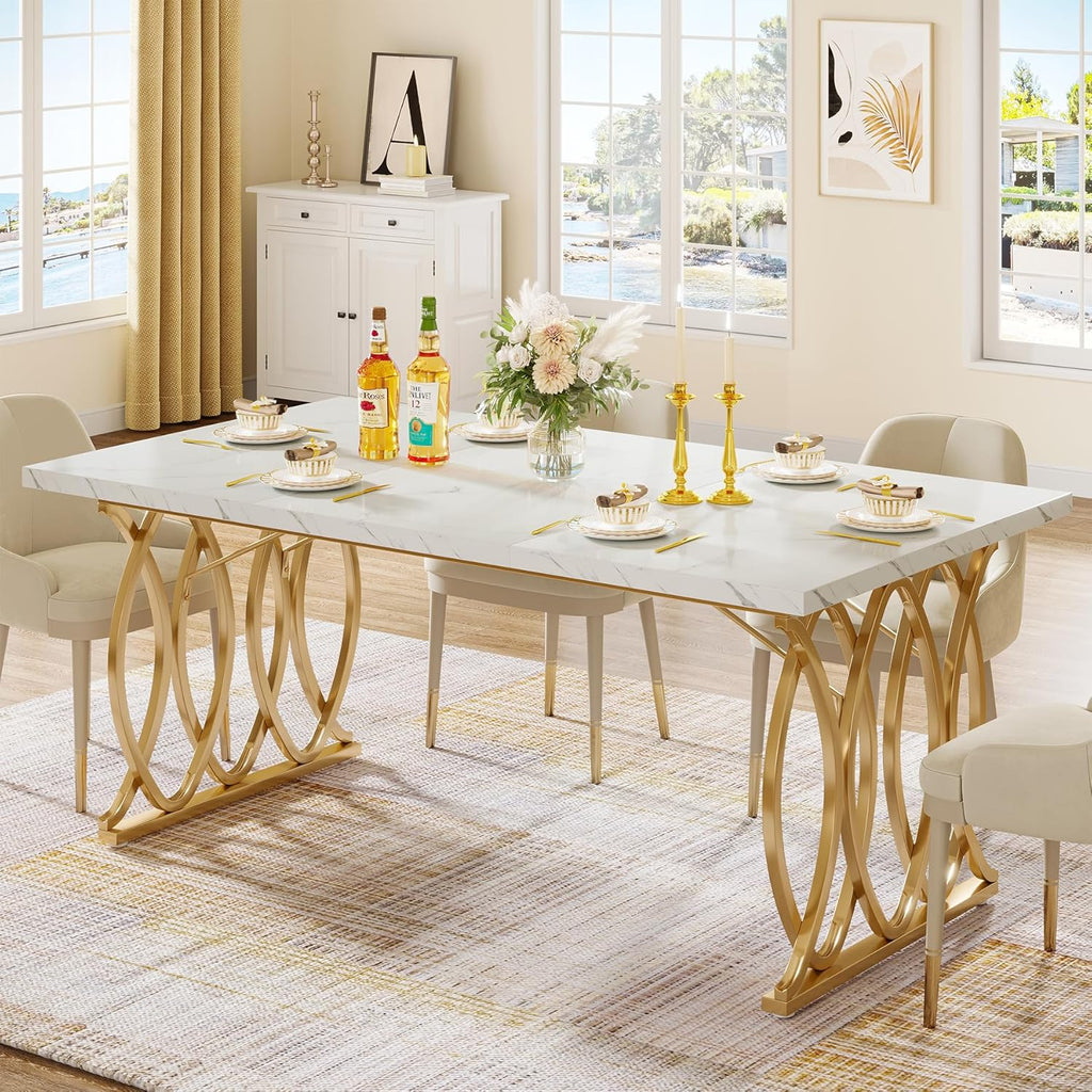 LITTLE TREE Modern Dining Table for 4-6 People, 63" Large Rectangular Kitchen Table with Faux Marble Tabletop and Geometric Legs, Unique Dinner Table Kitchen & Dining Room Furniture
