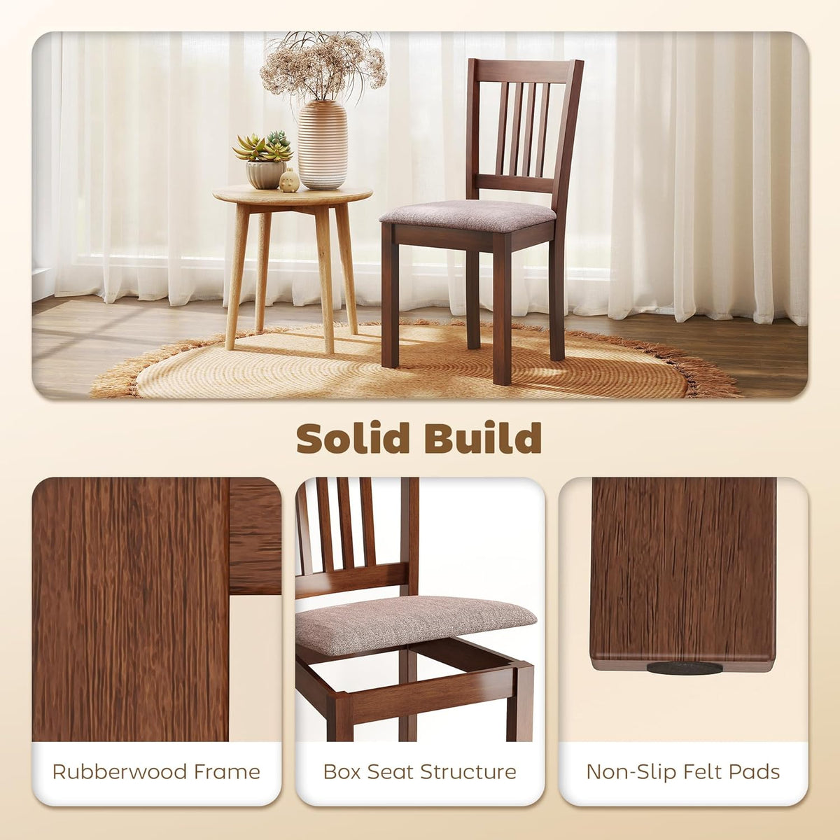 HOMCOM Dining Chairs Set of 2, Solid Wood Kitchen Chairs, Mid Century Modern Linen Fabric Upholstered for Dining Room, Living Room, Walnut Frame and Taupe Upholstery