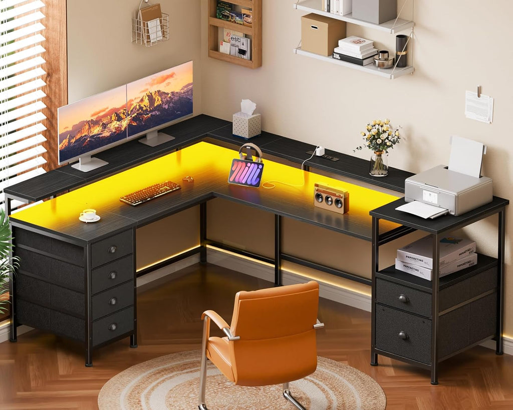 Furologee 66" Reversible L Shaped Gaming Desk with 6 Drawers & Printer Storage Shelves, Corner Computer Desk with Power Outlets & LED Lights, Home Office Table with Monitor Stand, Black
