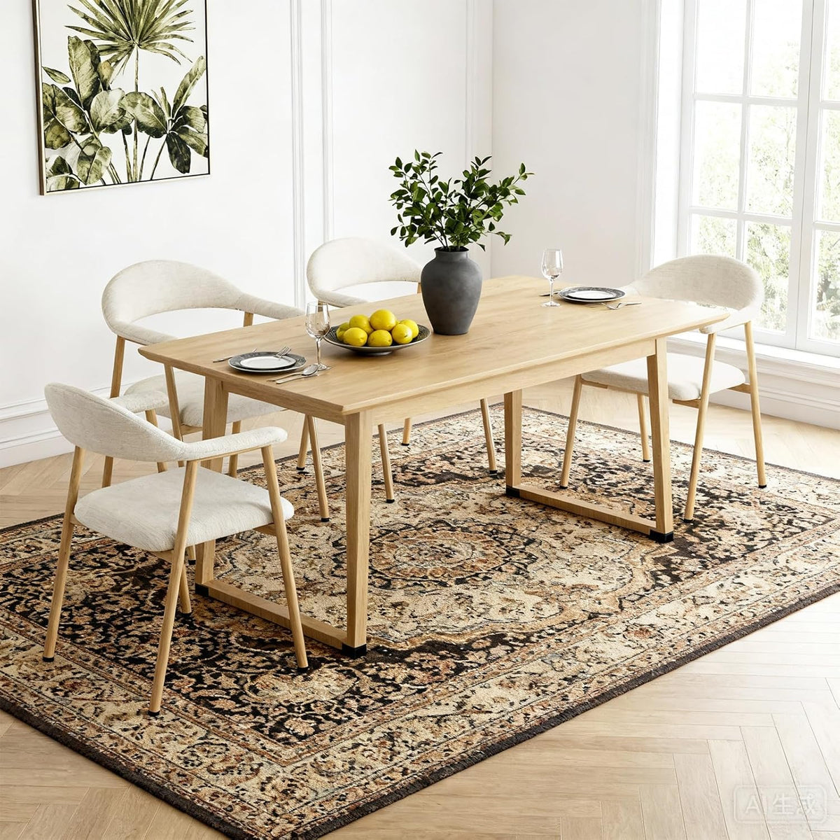 DUMOS Set of 2 Beige Linen Fabric Upholstered Dining Chairs, Modern Farmhouse Kitchen Side Chairs with Curved Backrest and Metal Legs, Accent Chairs for Dining Room, Restaurant, Cafe