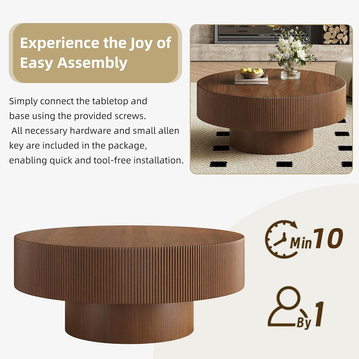 Merax Modern 35.4 Inch Round Large Coffee Table with Sturdy Base, Wood Minimalist Fluted Center Table for Living Room Reception Room, Easy Assemble, Walnut