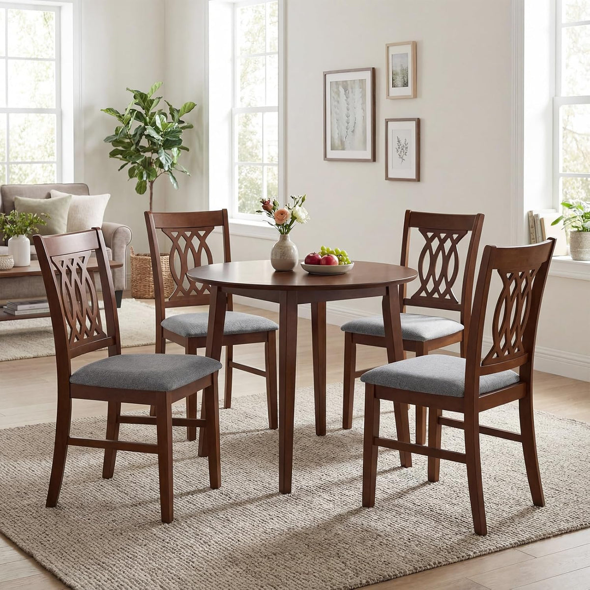 Giantex Upholstered Dining Chairs Set of 4, Farmhouse Fabric Side Chairs w/Cushioned Seats, Patterned Backrests, Sturdy Rubber Wood Frames, Wooden Accent Chairs for Kitchen, Dining Room