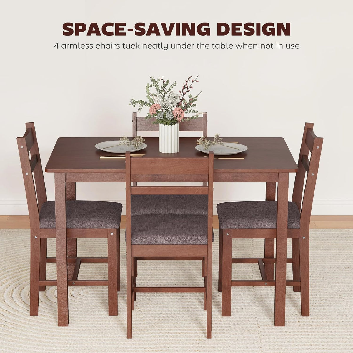HOMCOM 5-Piece Solid Wood Dining Table Set for 4, Farmhouse Kitchen Table with Upholstered Chairs for Small Space, Dining Room, Breakfast Nook, Light Brown and Brown