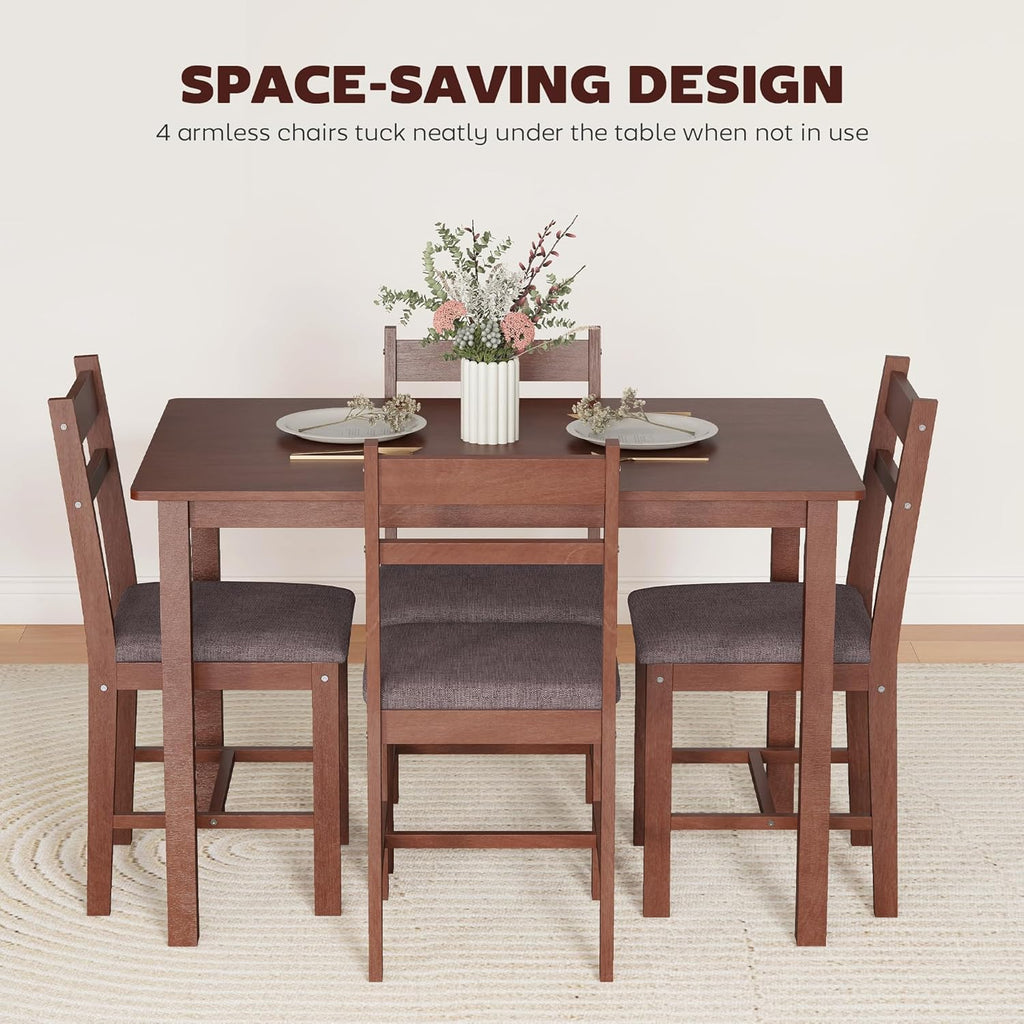 HOMCOM 5-Piece Solid Wood Dining Table Set for 4, Farmhouse Kitchen Table with Upholstered Chairs for Small Space, Dining Room, Breakfast Nook, Light Brown and Brown