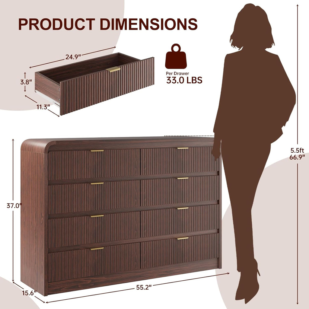FURSUN Fluted 8 Drawers Dresser for Bedroom, 55" Wide Wooden Dresser with Metal Handle, Curved Profile Design, Modern Storage Organizer for Bedroom, Living Room, Hallway, Dark Walnut