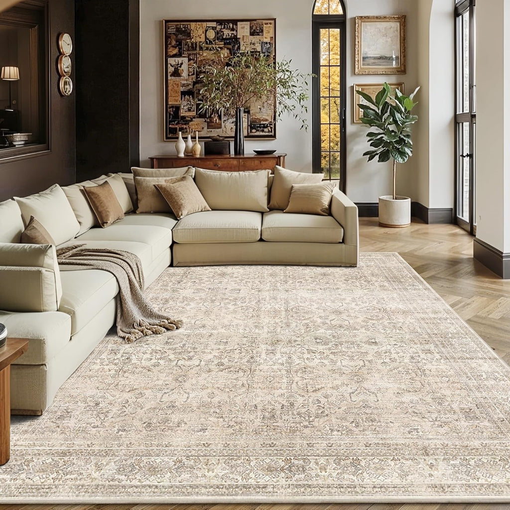 Schweek 9x12 Washable Area Rug Beige Neutral Vintage Distressed Rugs Large Non-Slip Living Room Area Rugs, Soft Low Pile Carpet Indoor Mat Throw Rug for Bedroom Dining Room Office Nursery
