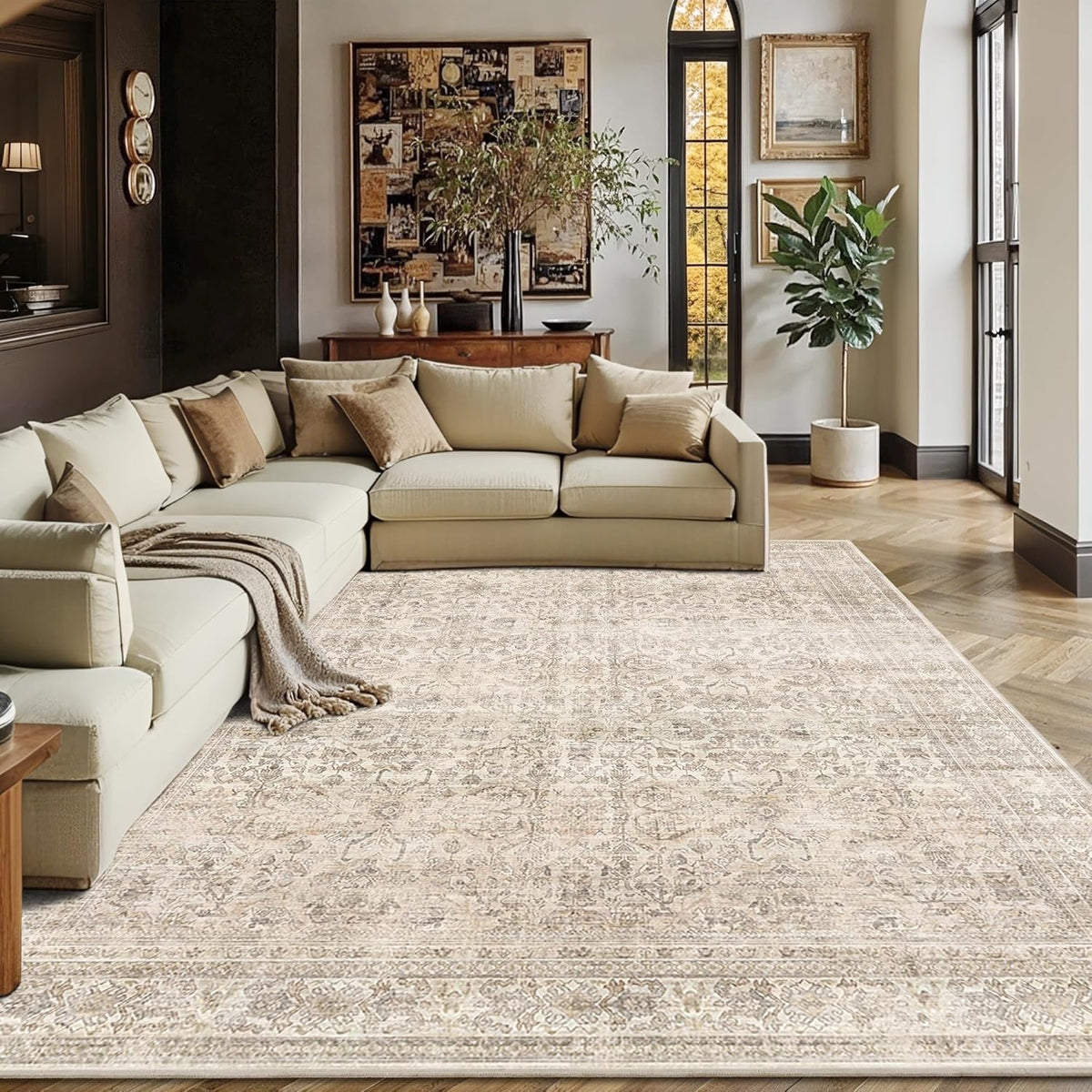 Schweek 9x12 Washable Area Rug Beige Neutral Vintage Distressed Rugs Large Non-Slip Living Room Area Rugs, Soft Low Pile Carpet Indoor Mat Throw Rug for Bedroom Dining Room Office Nursery