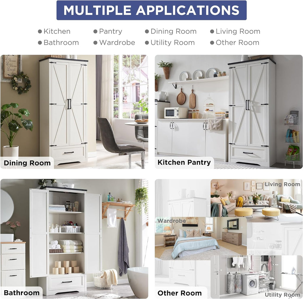 JXQTLINGMU Farmhouse Kitchen Pantry Cabinet - 72" Tall Wood Kitchen Storage Cabinets with Adjustable Shelves & 2 Barn Style Doors & Drawer, Versatile Storage for Dining Room, Bathroom, Antique White