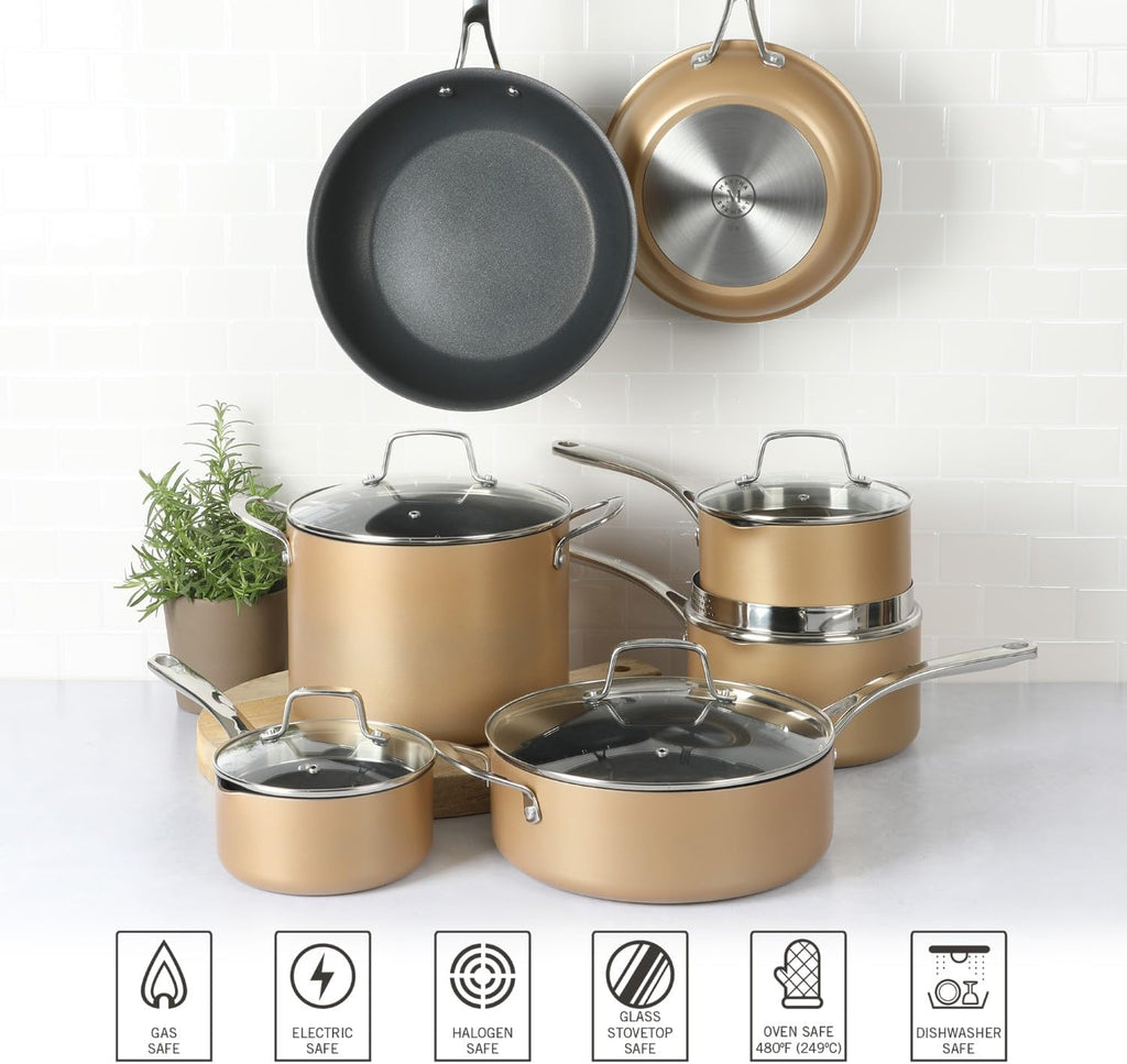 Martha Stewart 12 Piece Heavy Gauge Aluminum Hard Anodized Premium Nonstick Cookware Set, Induction Safe, Copper w/Black Interior