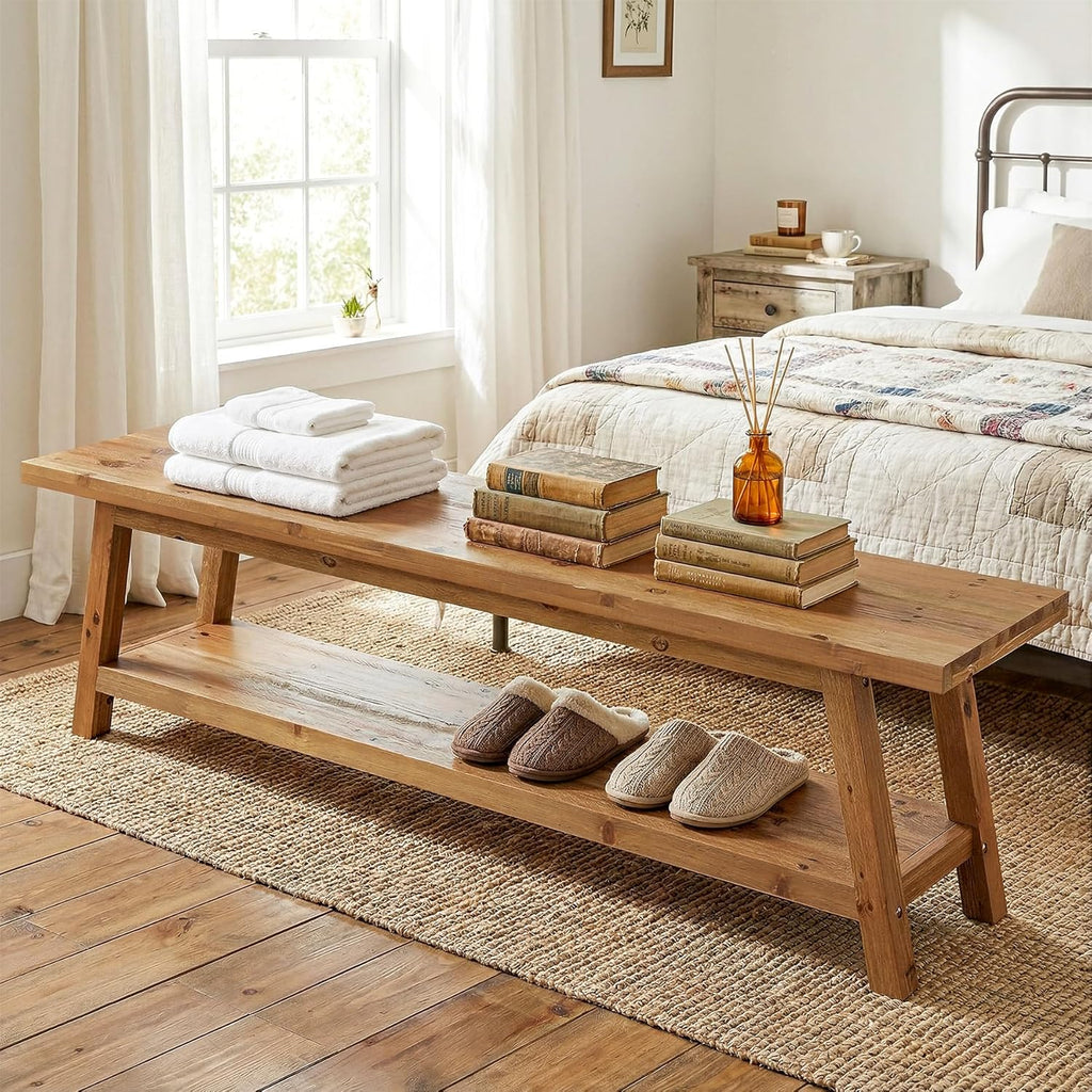 63” Wood Dining Room Bench, Farmhouse Kitchen Bench with Storage Shelf, Solid Wood Rusit Backless Bench for Dining Table, Extra Long Seating for Kitchen Room