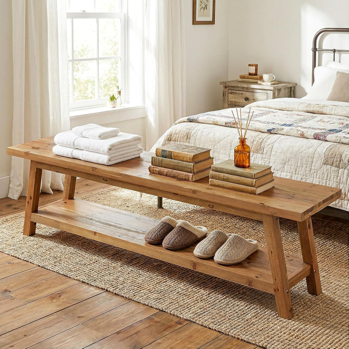 63” Wood Dining Room Bench, Farmhouse Kitchen Bench with Storage Shelf, Solid Wood Rusit Backless Bench for Dining Table, Extra Long Seating for Kitchen Room