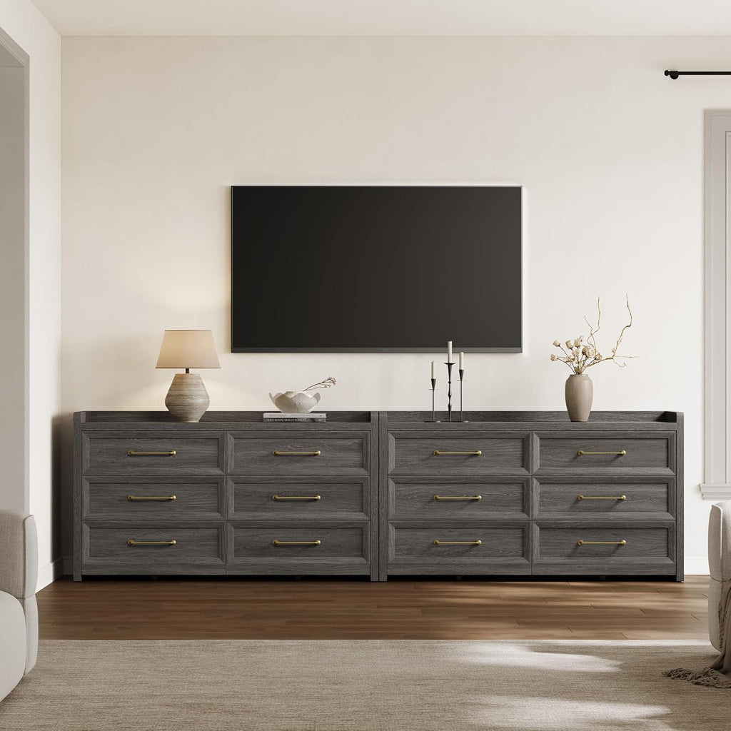 SICOTAS 6 Drawer Dresser for Bedroom-56.4" Extra-Wide Wooden Chest of Drawers with Large Storage, Long Dresser TV Stand with Drawers, Modern Closet Dressers for Nursery Living Room, Dark Grey Oak