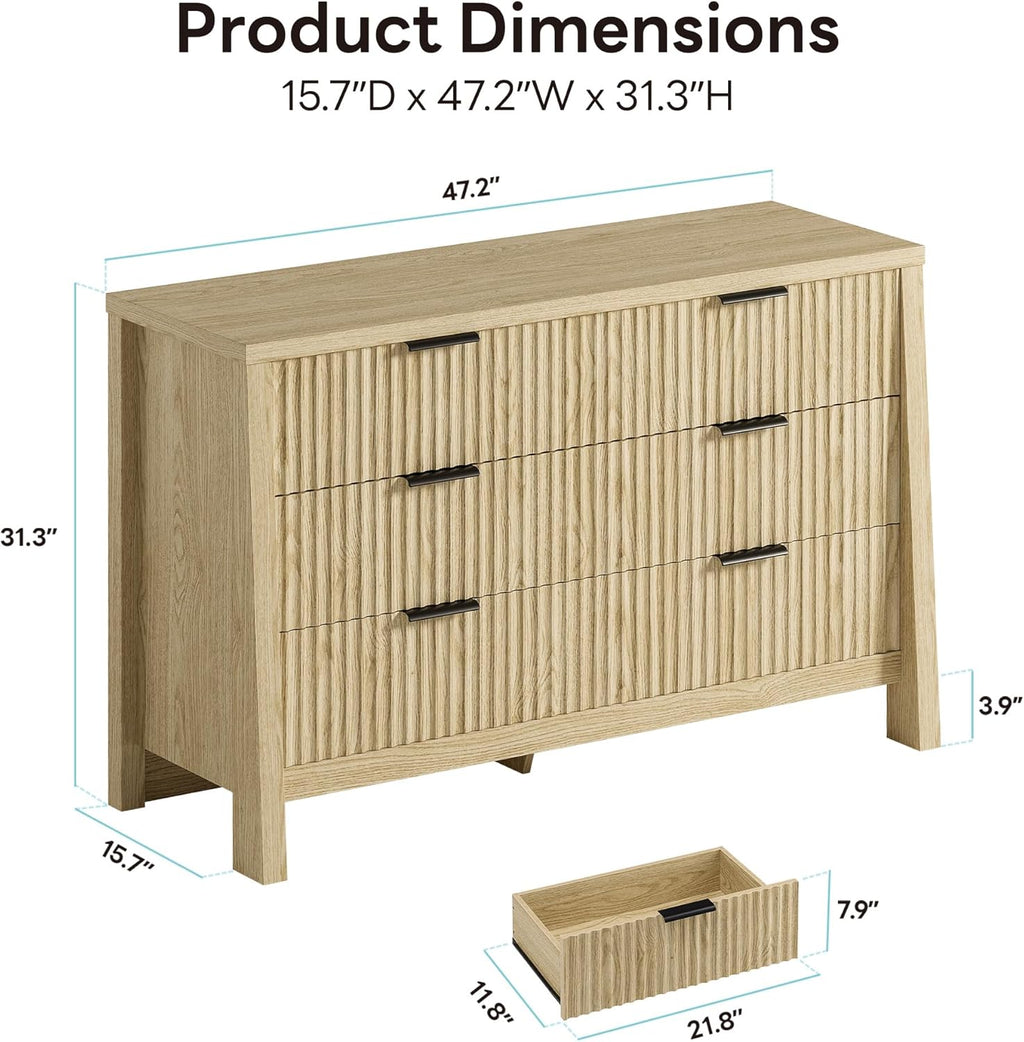 LIKIMIO Fluted 6 Drawers Dresser for Bedroom, 47" Wide Modern Chest of Drawers with Metal Handle, Wooden Dresser Storage Organizer for Living Room, Entryway, Hallway, Natural Oak