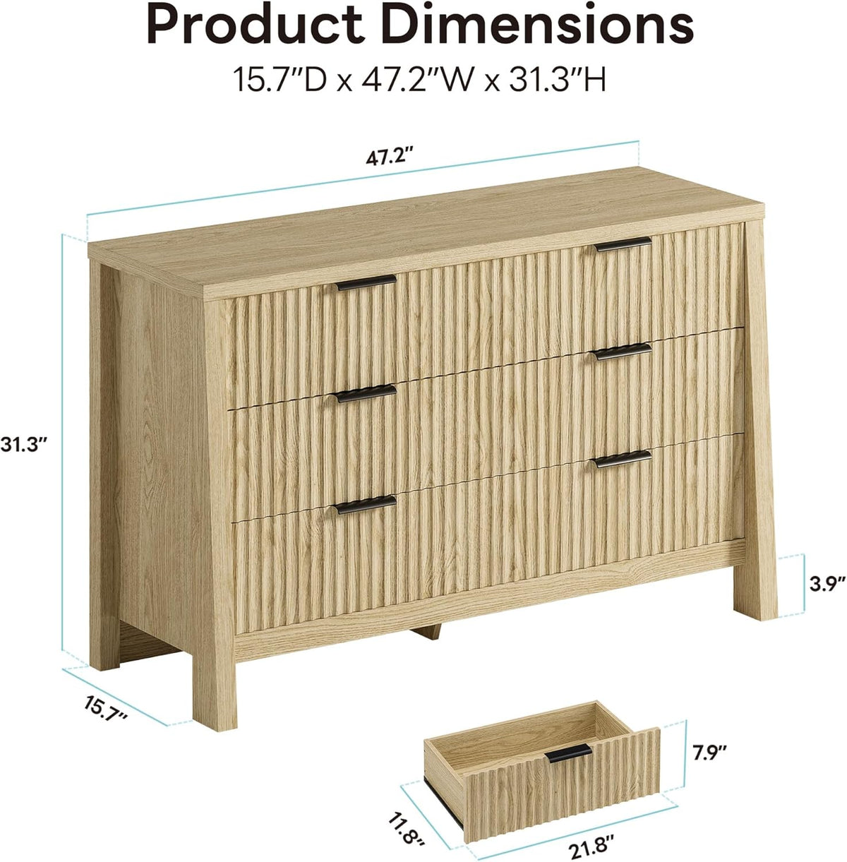 LIKIMIO Fluted 6 Drawers Dresser for Bedroom, 47" Wide Modern Chest of Drawers with Metal Handle, Wooden Dresser Storage Organizer for Living Room, Entryway, Hallway, Natural Oak
