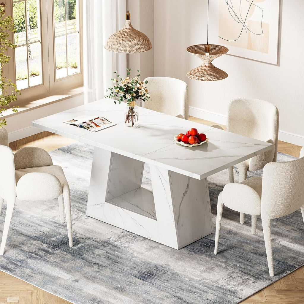 Tribesigns Dining Table for 4 to 6 People, 63" Rectangular Dining Room Table, Modern Wooden Faux Marble Dinner Table with Sturdy Base for Kitchen, Living Room