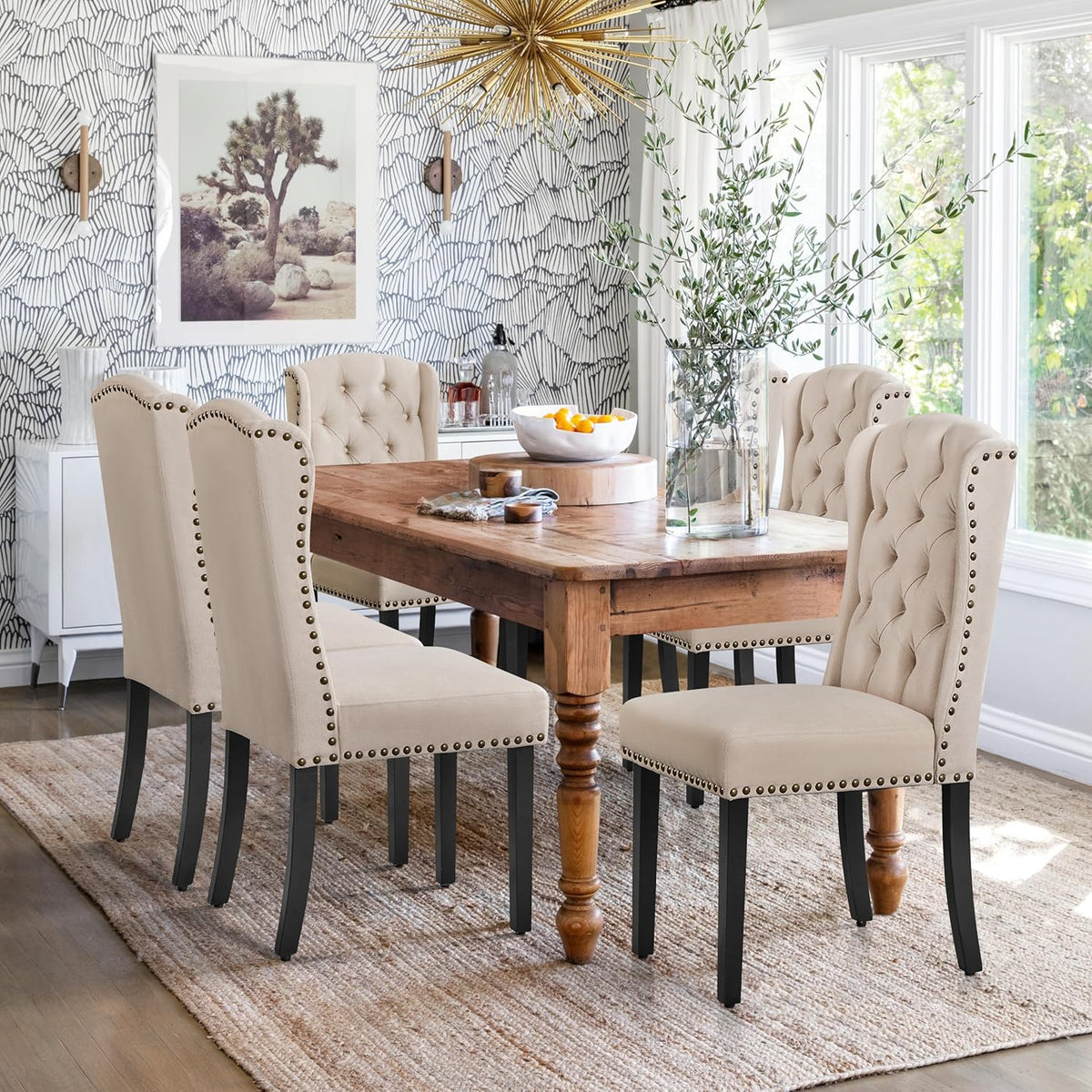 Yaheetech Upholstered Dining Chairs Set of 4 Button Tufted Kitchen Chairs with Solid Wood Legs and Nailhead Trims for Dining Room, Living Room, Restaurant, Beige